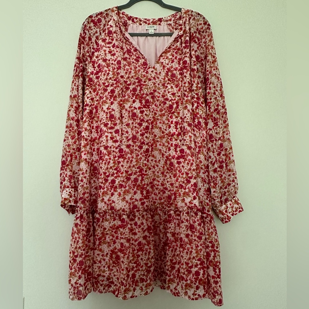 J. Crew Red and Pink Floral Long Sleeve Dress